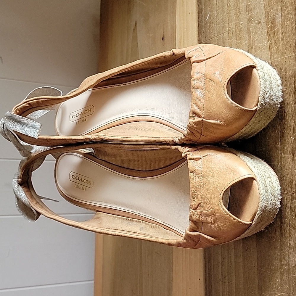 Coach Tan Leather Espadrille Wedge Sandals with Silver Ribbon - Picture 2 of 16
